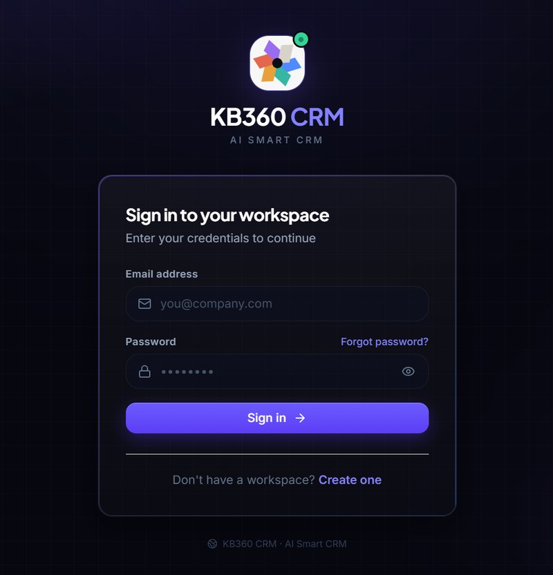 KB360 CRM, AI Smart CRM sign-in screen