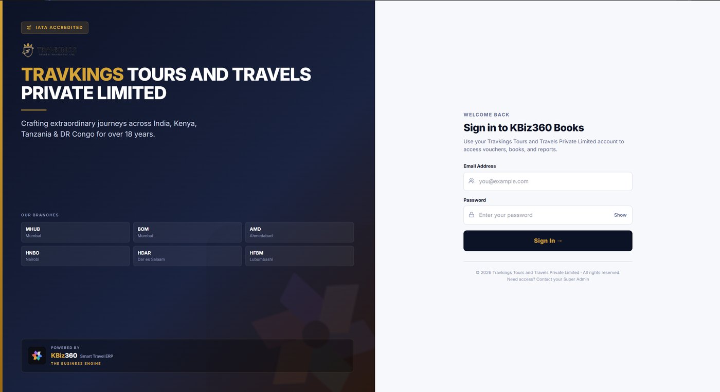 Travkings ERP sign-in screen with company branches and the KBiz360 Books login form